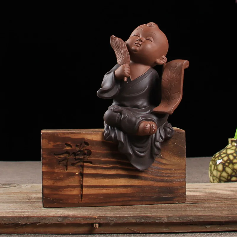 

Purple Clay Tea Pet Child Shamiqin Chess Painting and Calligraphy Tea Pet with Wood Bottom Sitting Home Decoration Zen Decor