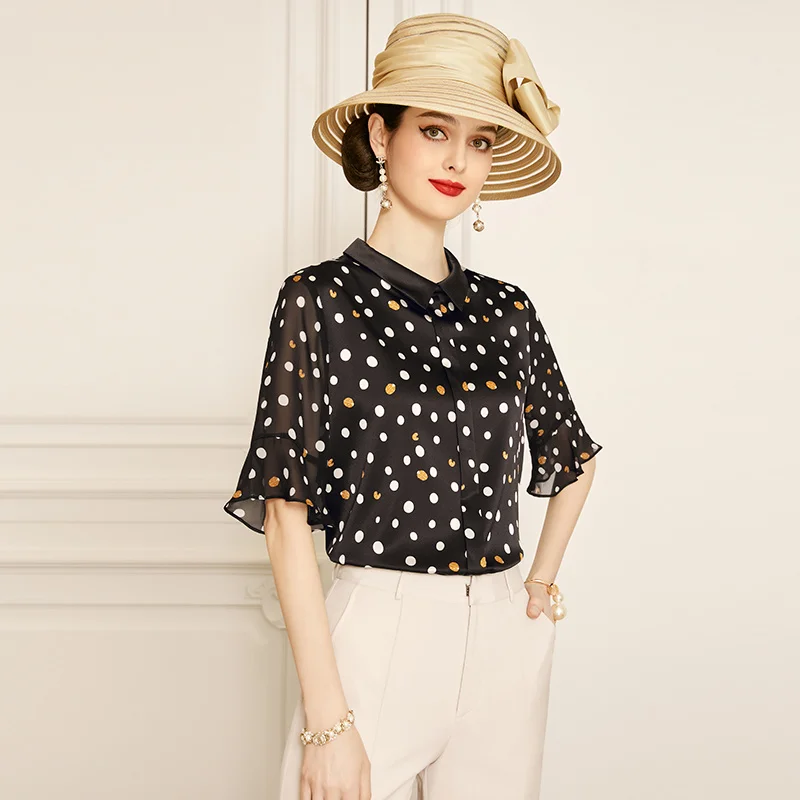 

SHZQ Silk Shirt Women's New 2021 Summer Wave Point Lapel Medium Sleeve Black Fashionable Mulberry Silk Shirt