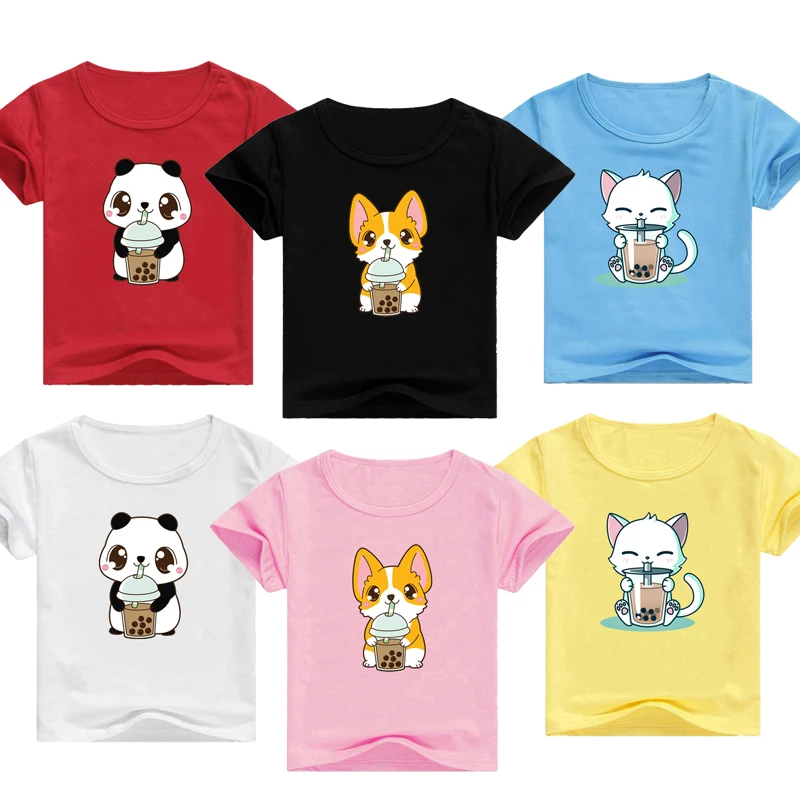 Детская Милая футболка с принтом корги панды кошки питьевого молока чая футболки