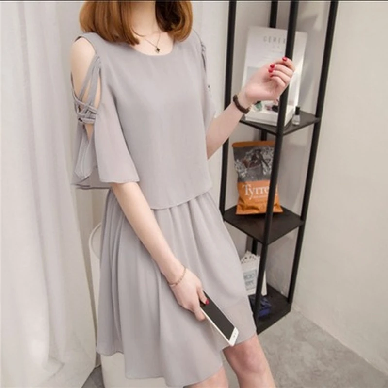 

2020 Women Dress Summer Short Sleeve Office Solid Dress Casual A-line dress Polychrome Shirt Chiffon Midi Dress for Ladies
