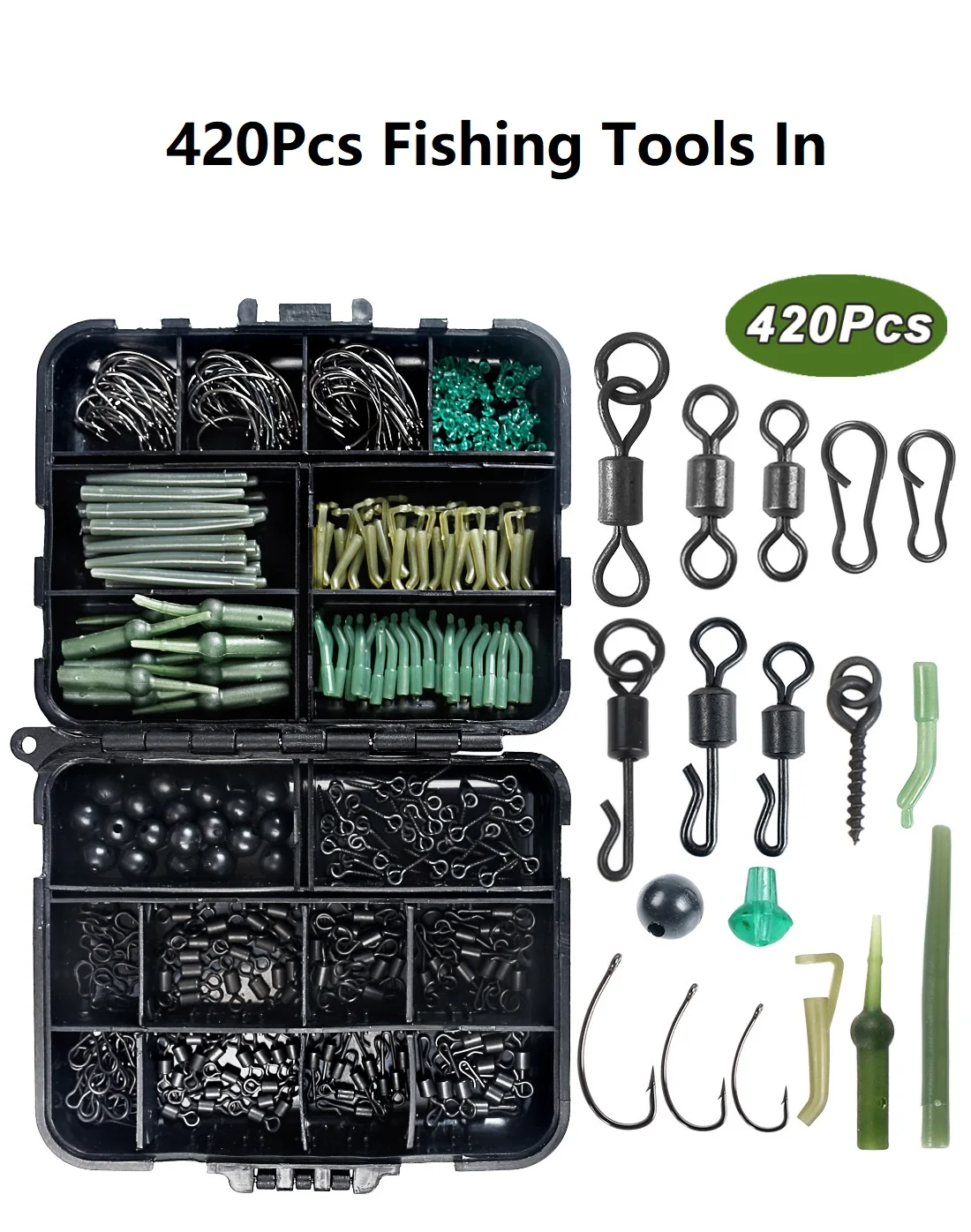 

HOT 420Pcs/Box Carp Fishing Tackle Kit Including Swivels Hooks Anti Tangle Sleeves Hook Stop Beads Boilie Bait Screw Accessories