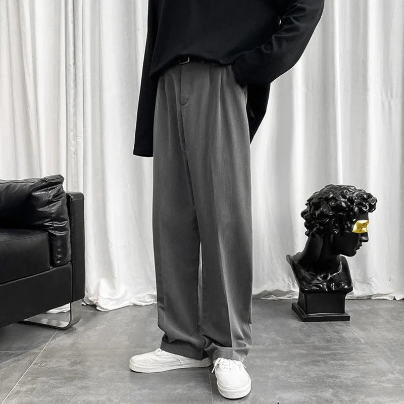 

Брюки с широкими штанинами мужские, модные однотонные деловые повседневные штаны, корейские свободные прямые строгие брюки, мужской костюм...