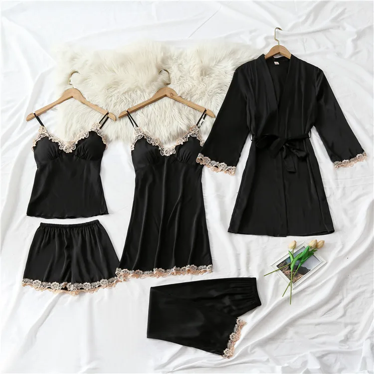 

5PCS Pajamas Set Lady Pijamas Sleepwear Lace Patchwork Nighty&Robe Suit Intimate Lingerie Sexy Strap Top&Shorts Loose Home Wear