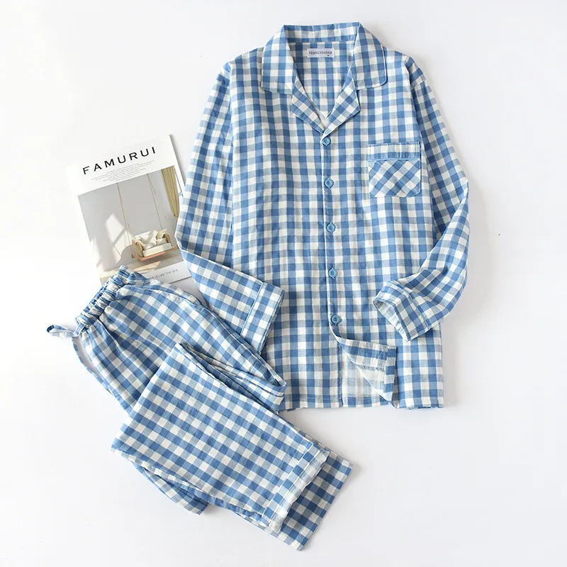 

2Pcs Set 100% Cotton Pajamas Men pijamas hombre long-sleeve causal Sleep wear lovers men homewear pajamas sets for male 3XL