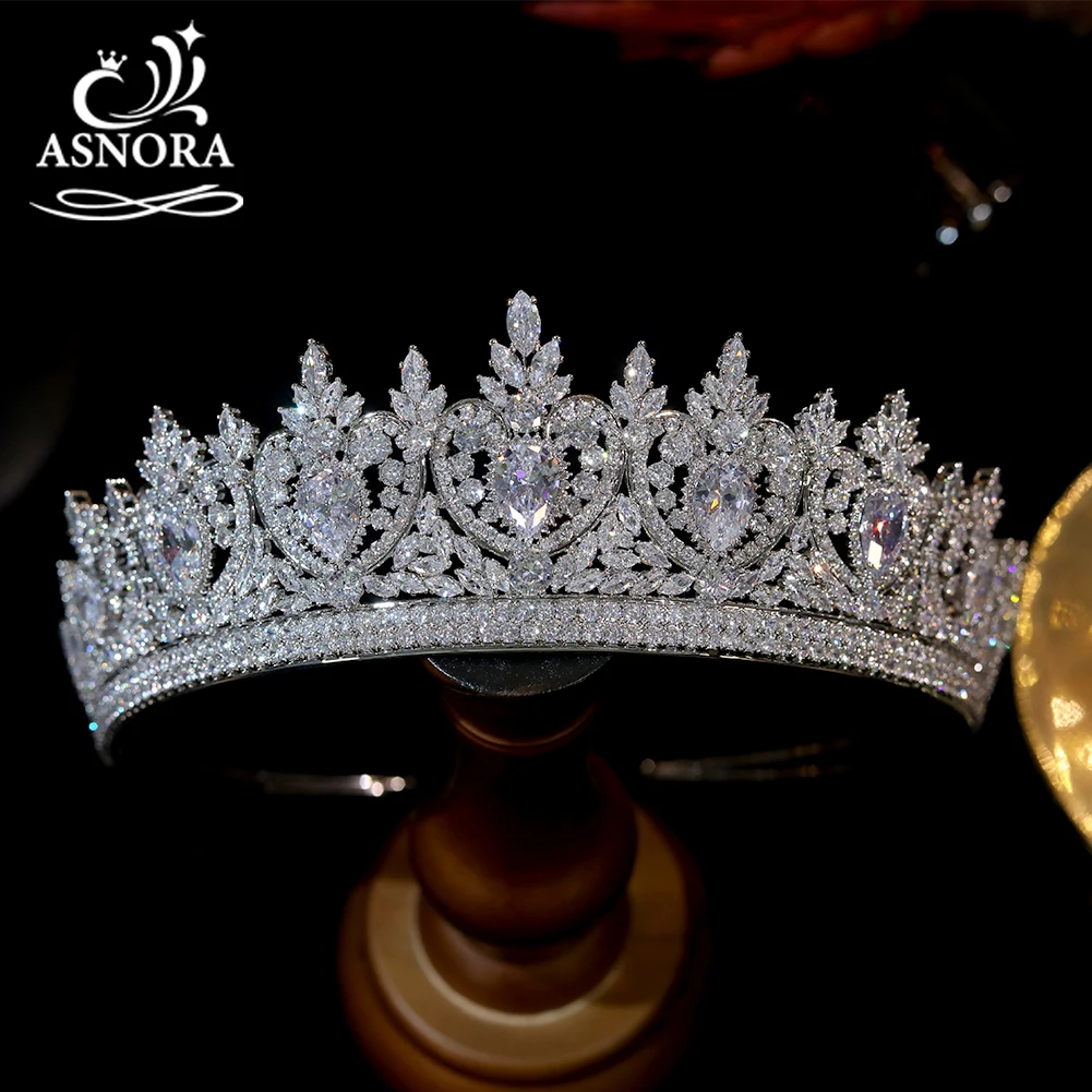 ASNORA-Tiaras de circonia cúbica de lujo para mujer, diadema de cristal Vintage, corona de amor para fiesta de desfile, accesorios para el cabello de boda, joyería