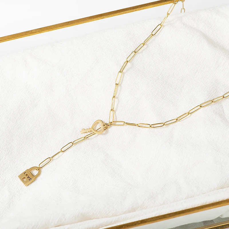 Женское Ожерелье из нержавеющей стали с замком и ключом массивное Золотистое