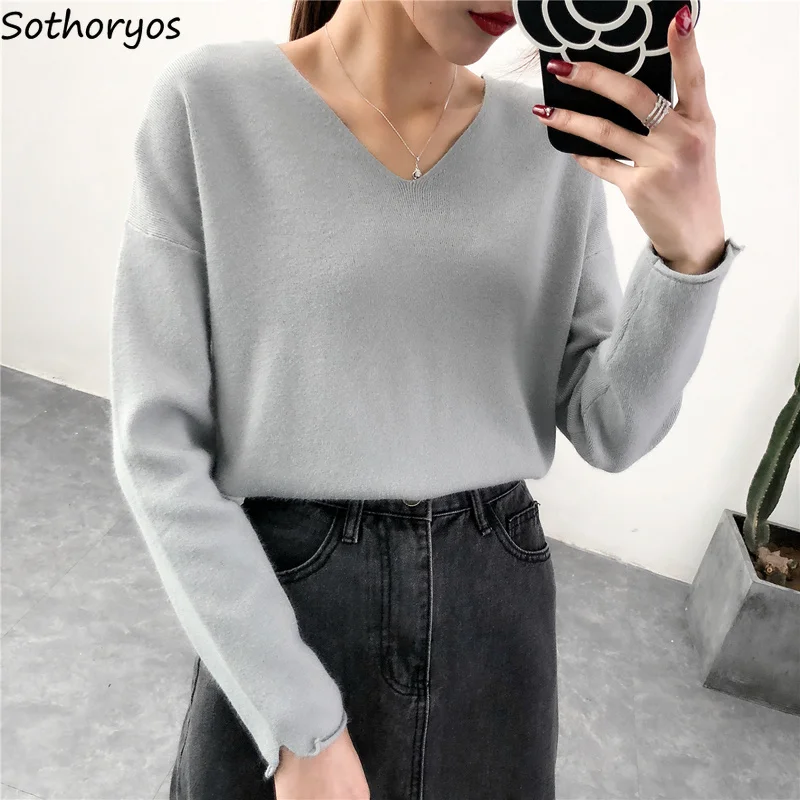 Пуловеры женские с V-образным вырезом вязаные однотонные простые свитера длинным