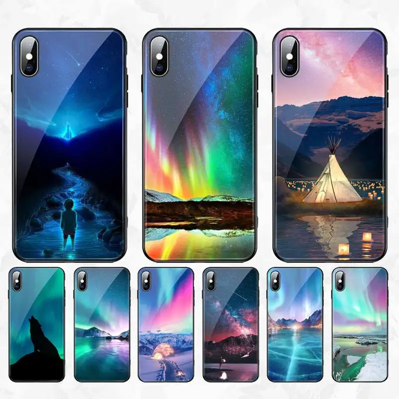 

HPCHCJHM Northern lights cover DIY Luxury Phone Case Tempered Glass Phone Case For iPhone 11 Pro XR XS MAX 8 X 7 6S 6 Plus