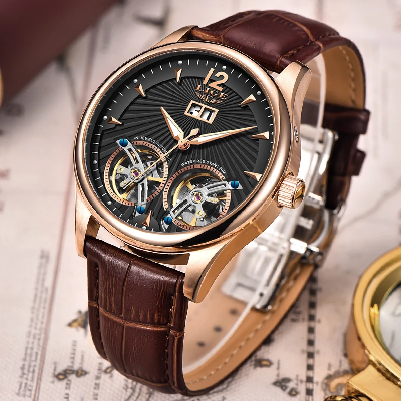 Мужские наручные часы LIGE повседневные кожаные механические с двойным турбийоном