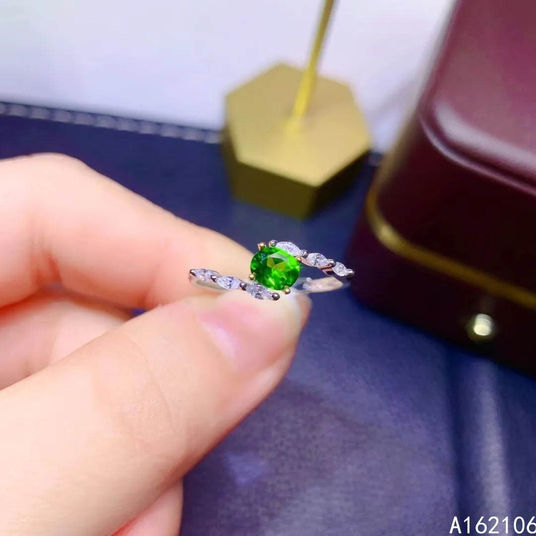

925 Pure Silver Chinese Style Natural Diopside Women's Classic Trendy Fresh Oval Adjustable Gem Ring Fine Jewelry Support Detect