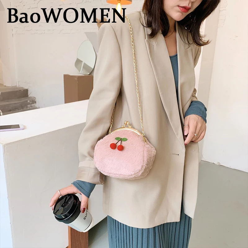 

BaoWomen Funny Little Cherry Plush Chain Ladies Messenger Bag Female Trend Designer Messenger One Shoulder Handbag Fashion Women