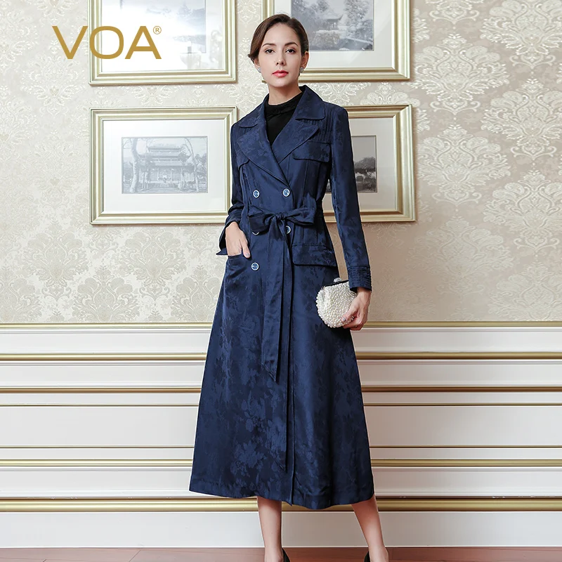 VOA/осенний однотонный синий двубортный жаккардовый длинный прямой Тренч с