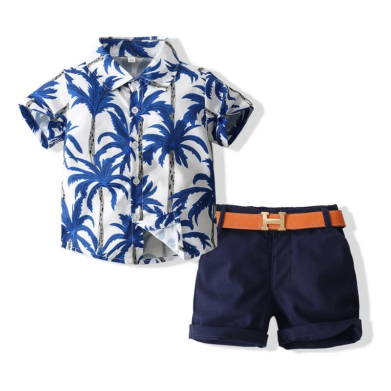 

Infant Baby Boys Set Kids Summer Outfit Hawaiian Style Short Sleeve Button Down Shirt + Short Pants + Waist Band Suits 1-6Y
