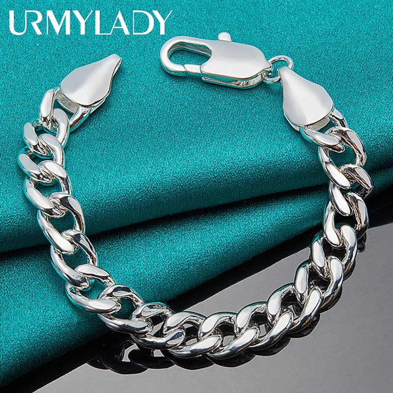 

URMYLADY 925 Sterling Silver 10mm Side Charm Chain Bracelet For Women Men Fashion Wedding Engagement Party Jewelry