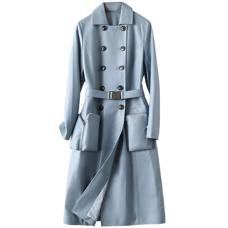 Lautaro Осенний длинный голубой кожаный тренч для женщин с поясом карманами