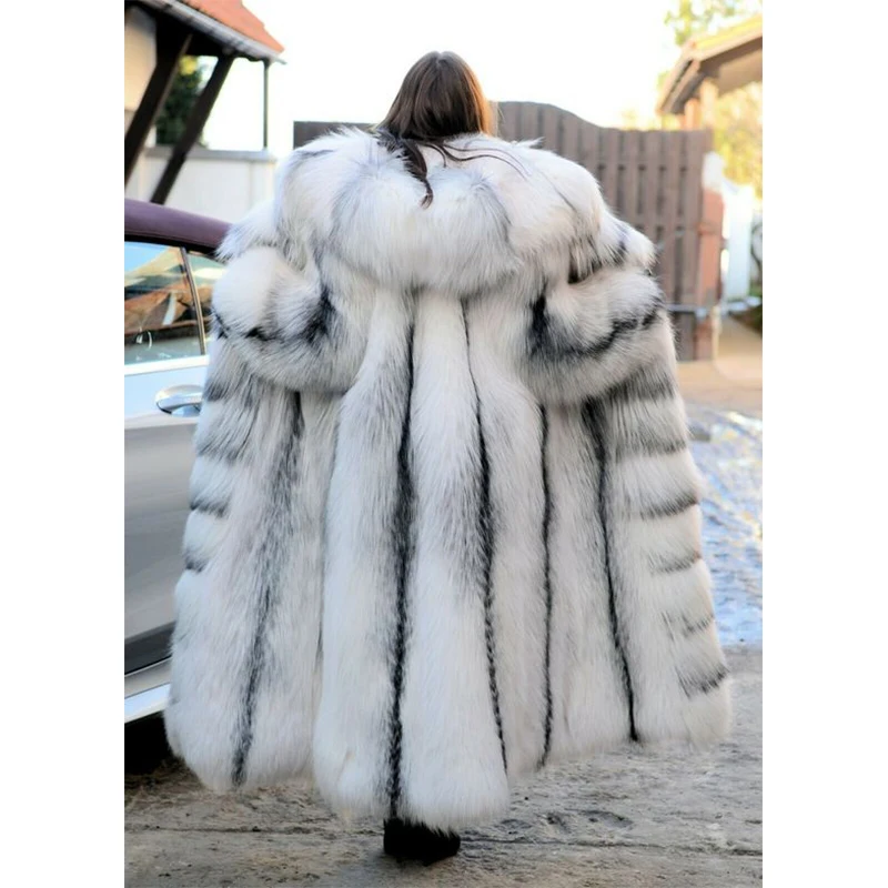 2021 Luxury Natural Real Cross Fox Fur Women Coats & Fur Hood 130CM Long Winter Genuine Full Pelt Fox Fur Jacket Female