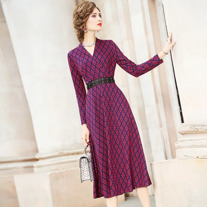 Женское винтажное платье с длинным рукавом длинное вечернее винтажным принтом