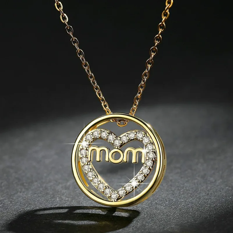 Подарок на день матери модное золотое ожерелье с кулоном Love MOM циркониевое в