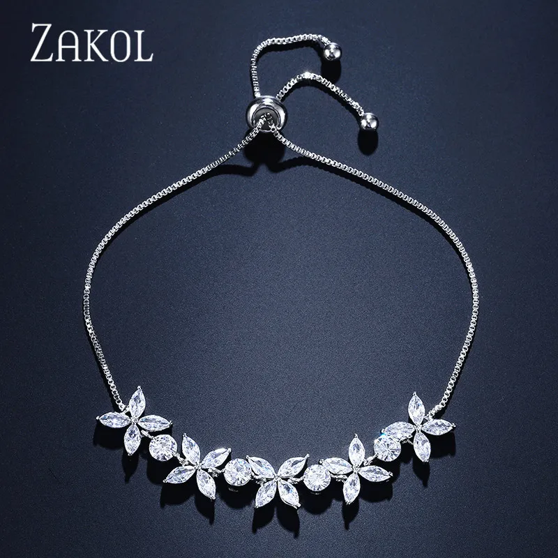 ZAKOL, Новое поступление, белый Фианит, циркон, камни, цветок, шарм, регулируемые браслеты для женщин, модные свадебные ювелирные изделия, FSBP2136 - Окраска металла: White Color