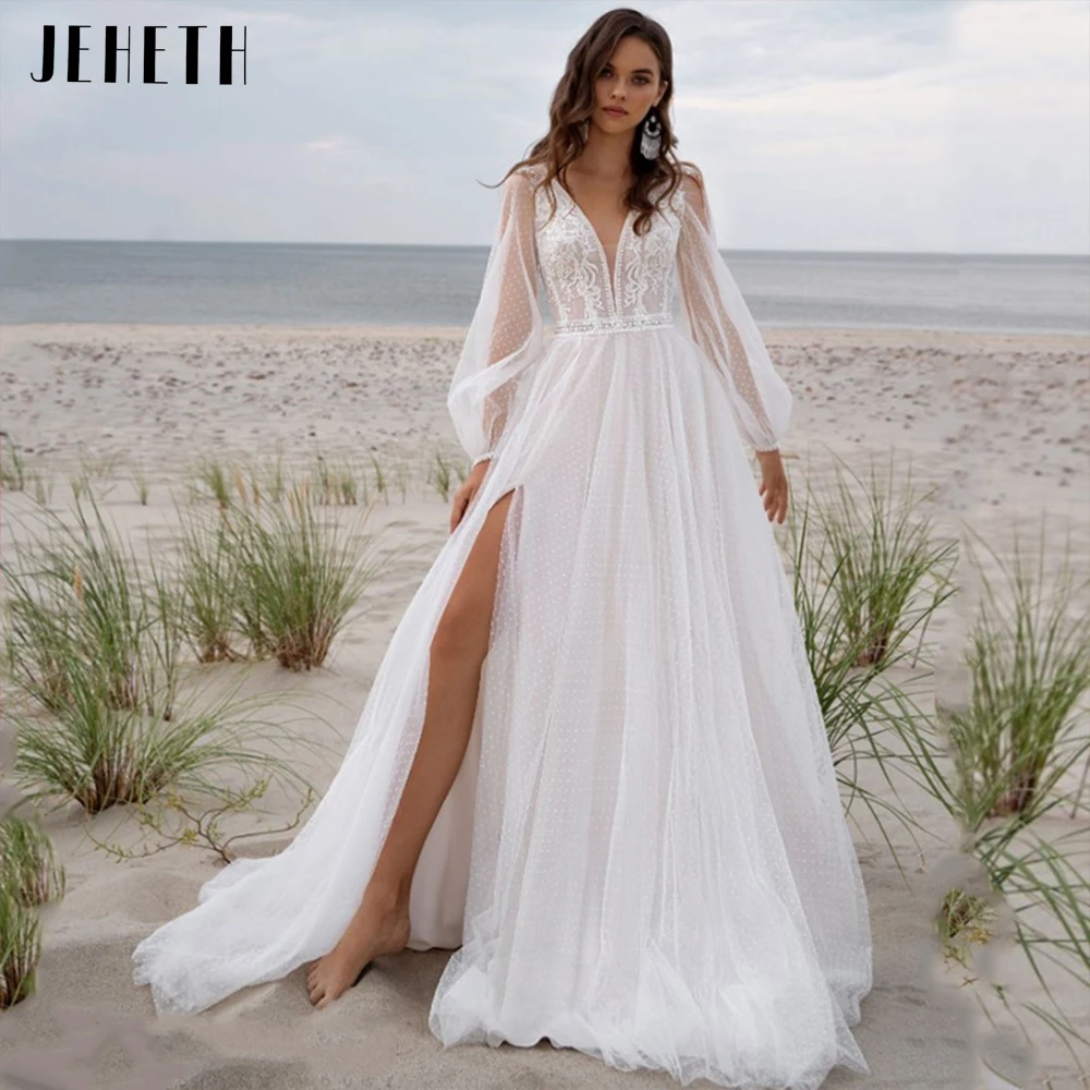 JEHETH Sexy High Slit Long Puff Sleeves Tulle Boho Wedding Dress Deep V-Neck Appliques A-Line Beach Bride Dresses Bohemian 2022