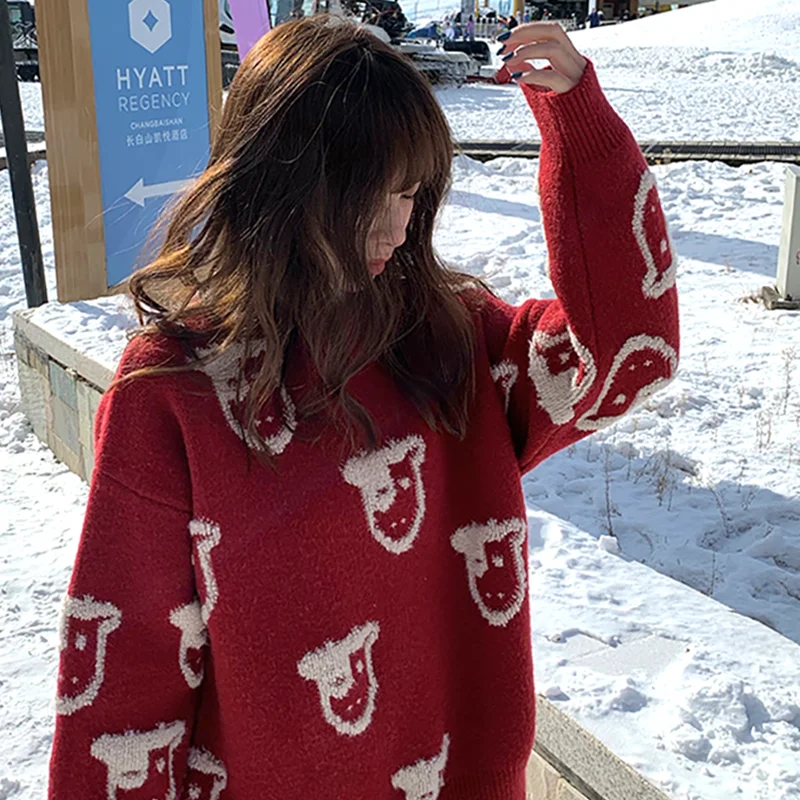 

Christmas Sweater Women's Pullover Autumn and Winter Korean Style Loose Lazy Cartoon Long-sleeved Western Red New Year Sweater