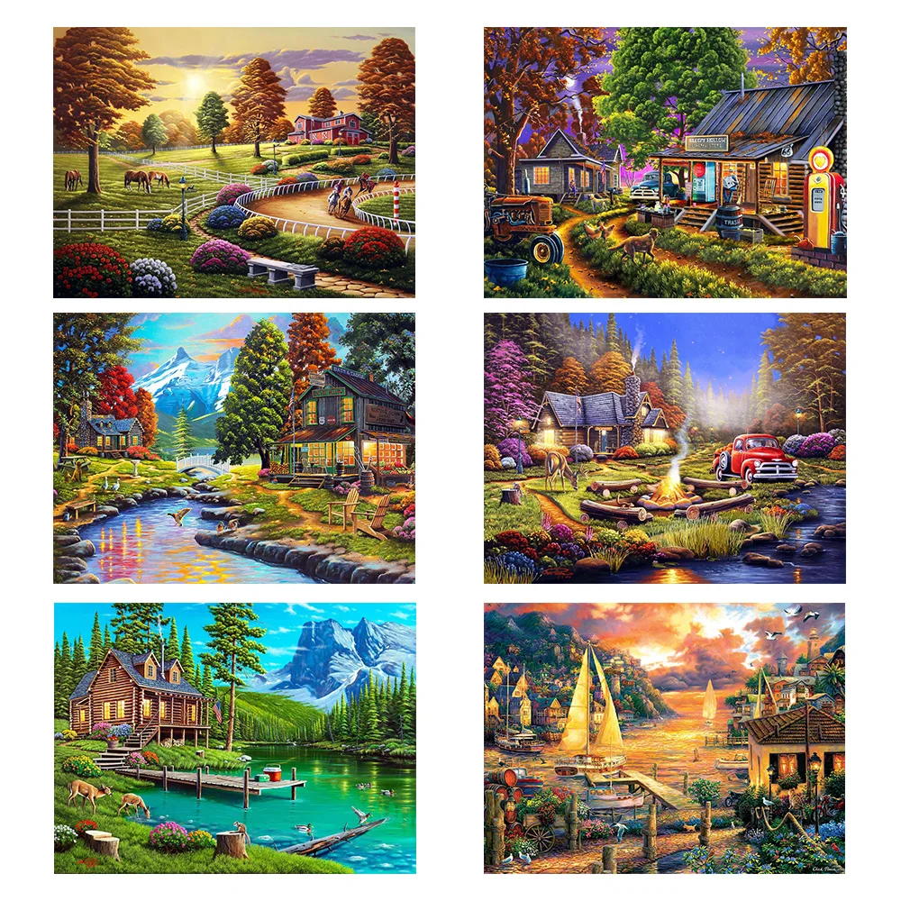 

Diy 5d Full Diamond Painting Scenery Embroidery Square Round Drill Sunset Village Lakeside Mosaic Furniture Cross Stitch Hobby