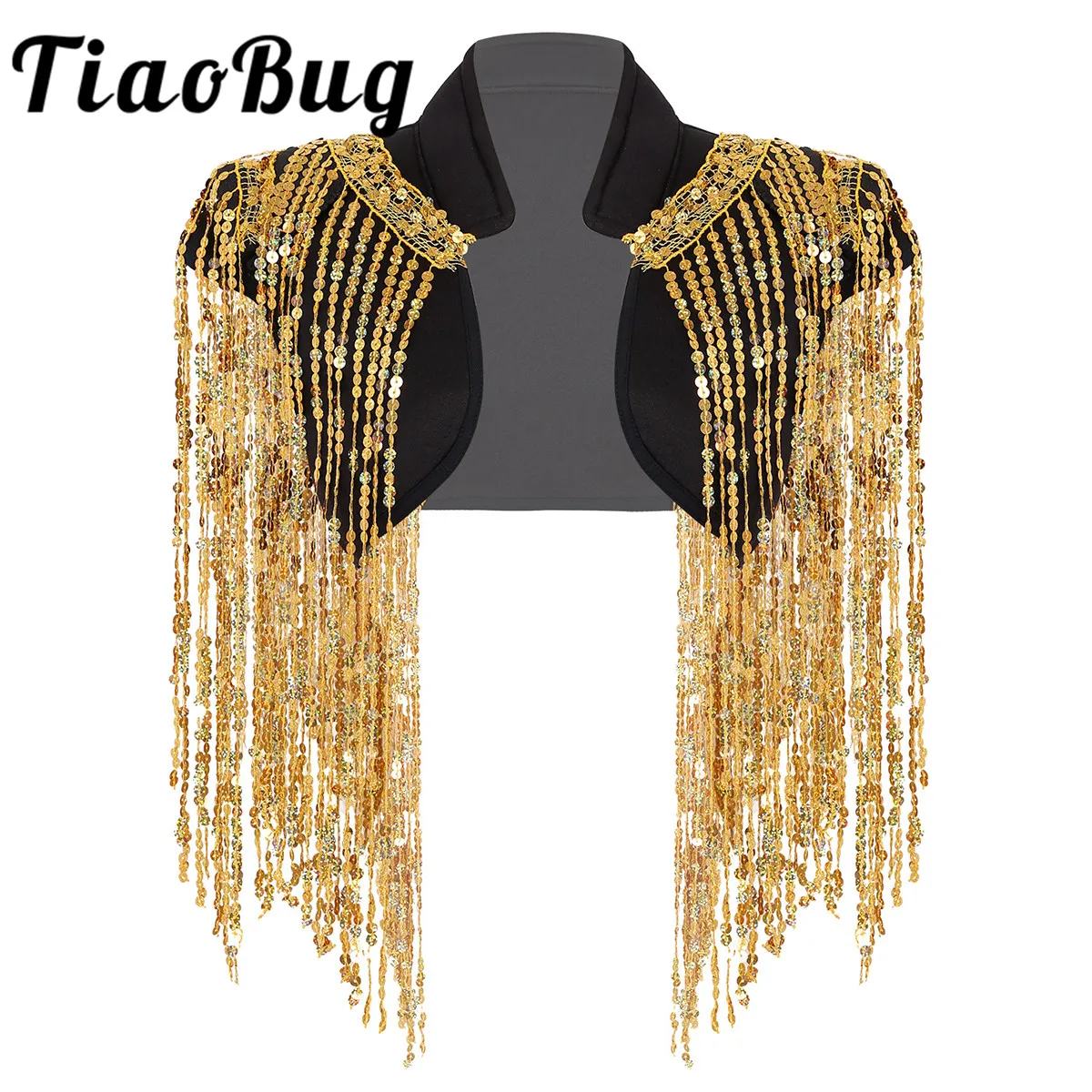 Женская мода без рукавов открытая спереди блестки болеро кисточки обрезанный