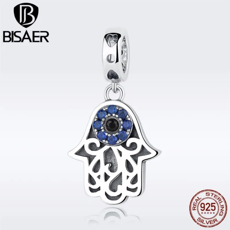 

BISAER 925 Sterling Silver Blue Evil Eye Charms Fatima Hamsa Hand Pendant Charms Fit Original Bracelets & Bangles Jewelry ECC085