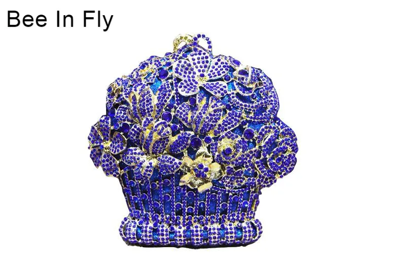 

Gold & Dark Blue Crystal Clutches Bag Two Side Color Evening Party Minaudiere Box Clutch Purse Bridal Flower Rhinestones Handbag