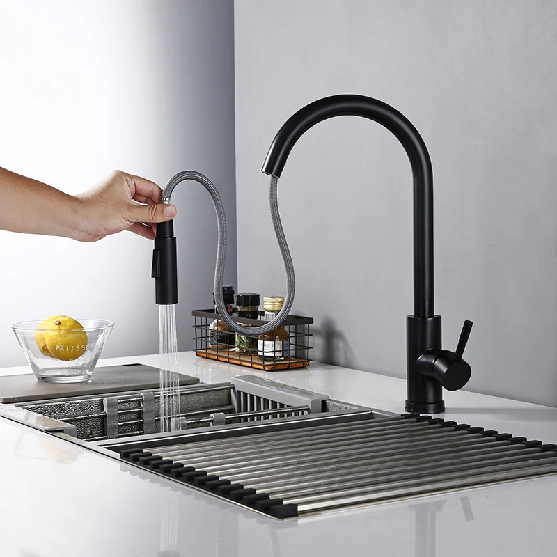 

Matte Black Bagnolux Kitchen Faucet Modern Polished Round Spray Hole Brass Single Rod Rotatable Kitchen Hotel Faucet