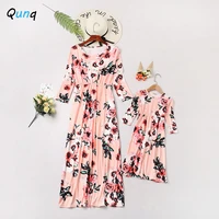 qumq mommy and me maxi dress o neck long sleeve spring family matching outfits flower print mother daughter women girls dresses