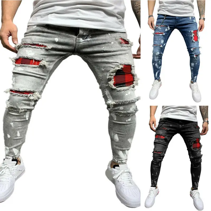 

Men's Patchwork Ripped Skinny Fit Jeans Stretch Biker Distressed Denim Pants New