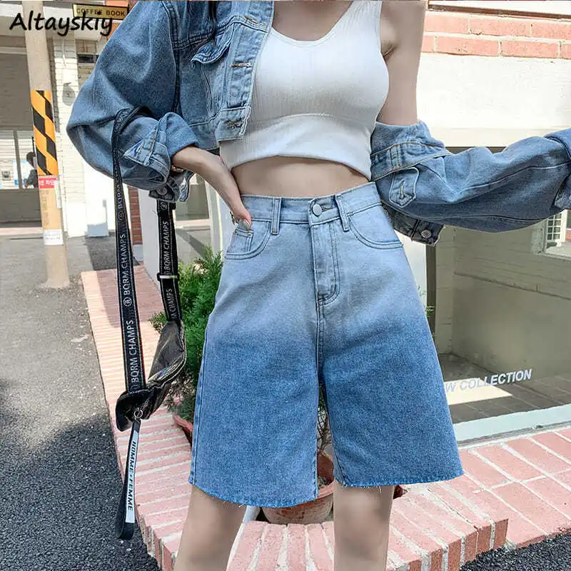 

Shorts Women Gradient Design Stylish Ulzzang Feminine BF Street Style Summer Student Cowboy Straight Pockets Vaqueros Mujer Chic