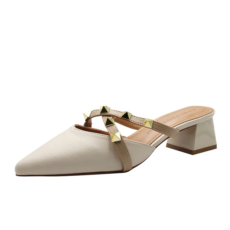 

2021spring New Fashionable Chunky Heel Rivet Slip-on Half Slippers Fashionable Outdoor High Heels