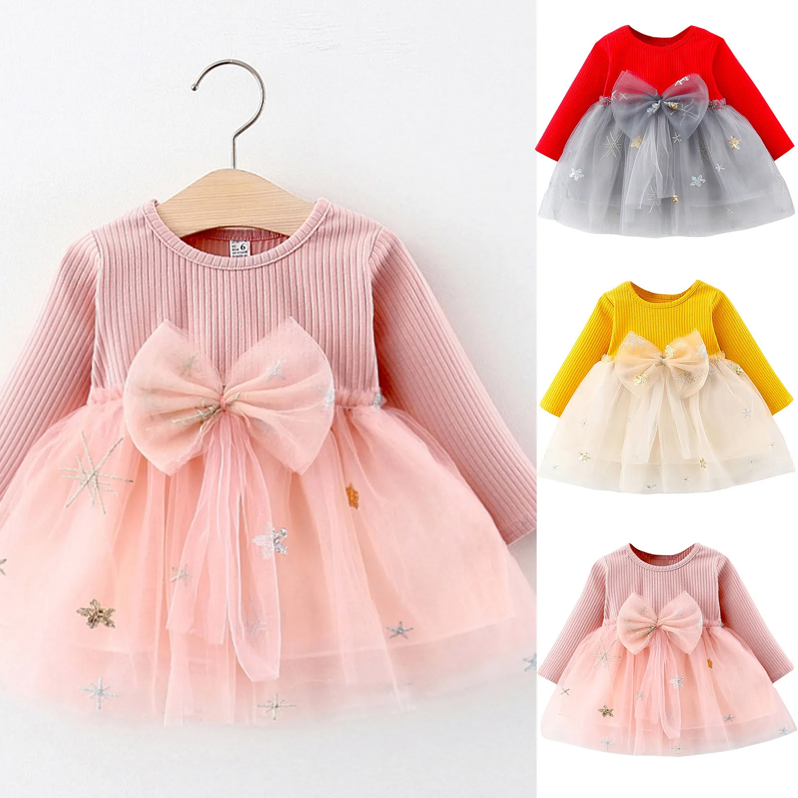 

Toddler Kids Baby Girls Patchwork Tulle Bowknot Knit Dress Princess Clothes christmas dress for girl robe de noël pour fille E1