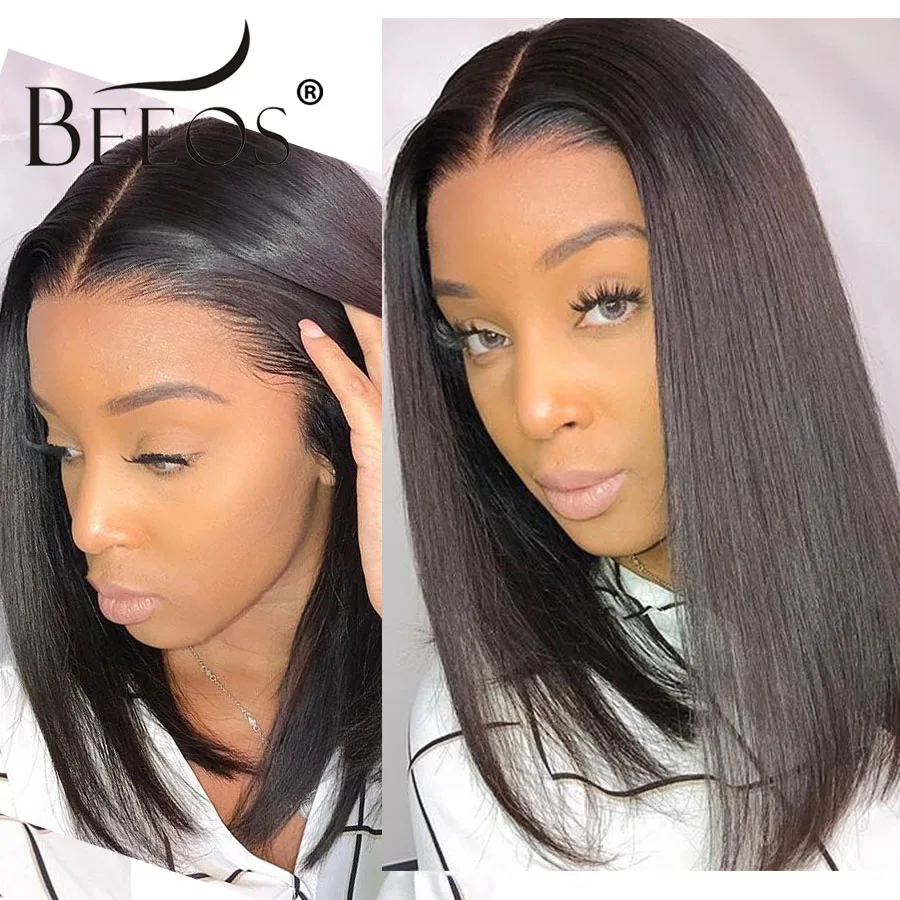 Beeos Волосы Бразильские Remy 13*6 прямые человеческие волосы боб короткие парики из человеческих волос 180% Плотность Детские волосы кружевные передние парики для женщин