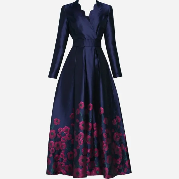 Женское жаккардовое платье макси роскошное длинное в стиле ретро с v-образным