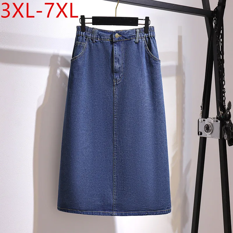 

Юбка Женская средней длины в Корейском стиле, Повседневная джинсовая в стиле оверсайз, большие размеры 4XL/5XL/6XL/7XL, с эластичным поясом и карма...