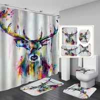 color oil painting reindeer deer polyester fabric shower curtain non slip bath mat toilet lid cover rugs home bathroom decor set