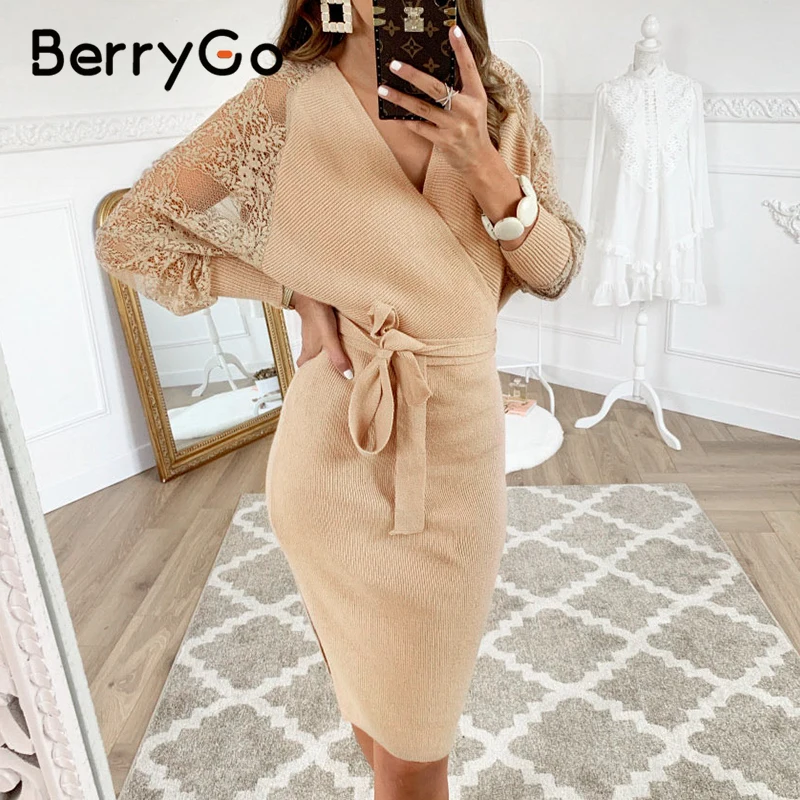 BerryGo сексуальное кружевное трикотажное платье с открытой спиной женское свитер