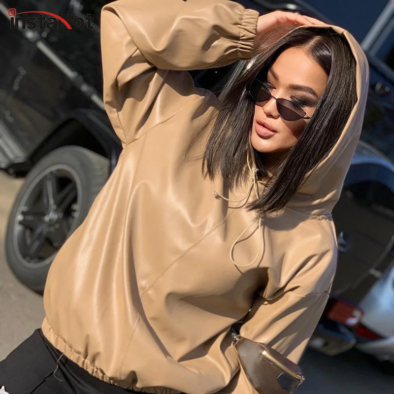

Женская винтажная Толстовка InstaHot, повседневный однотонный свитшот из искусственной кожи с капюшоном, на завязках, 2020
