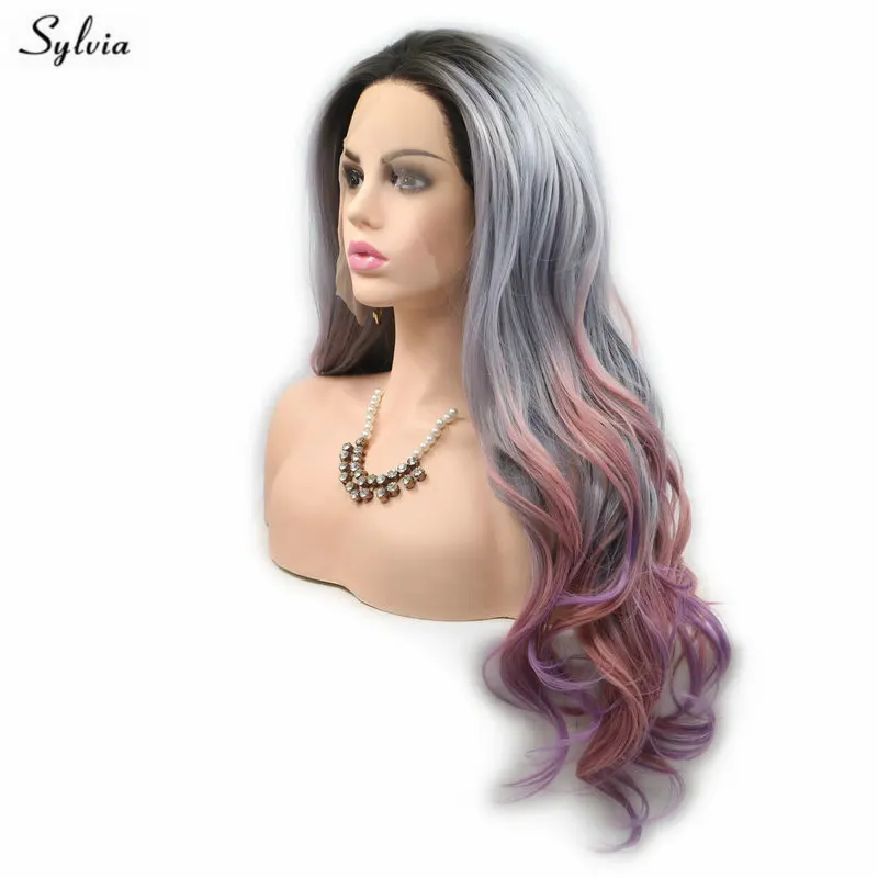 Sylvia пастельный серый синий Омбре розовый фиолетовый смешанный цвет натуральный волос длинные волосы тела волна синтетические кружева передние парики для женщин