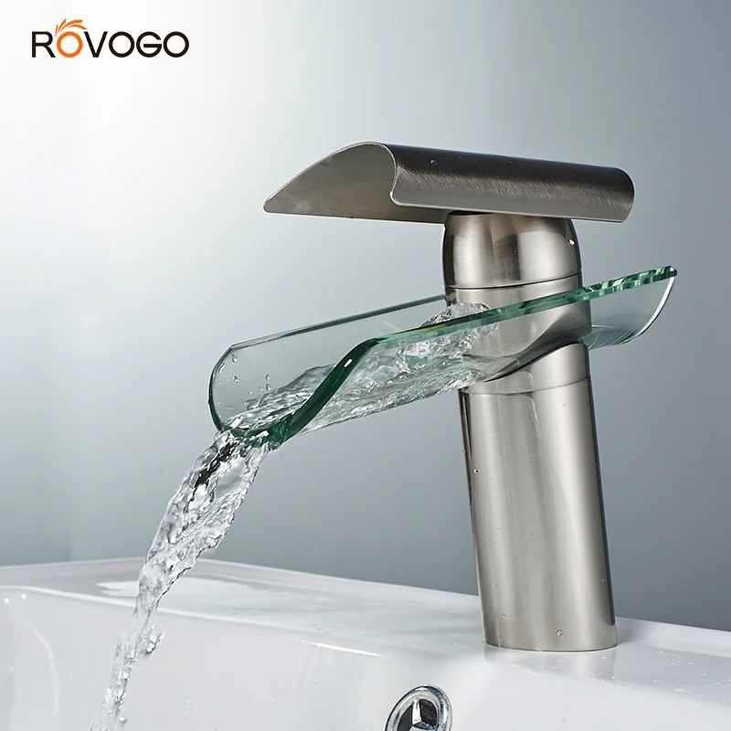 ROVOGO водопад бассейна кран стеклянный наконечник, палуба крепление холодной и горячей смесителя раковины краны латунь матовый никель