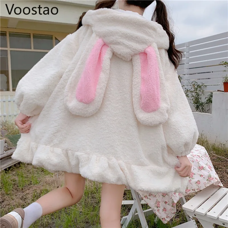 

Japanese Style Autumn Winter Women Sweet Warm Jacket Kawaii Soft Lambswool Ruffles Rabbit Ears Hooded Coats Girls Parkas Outwear