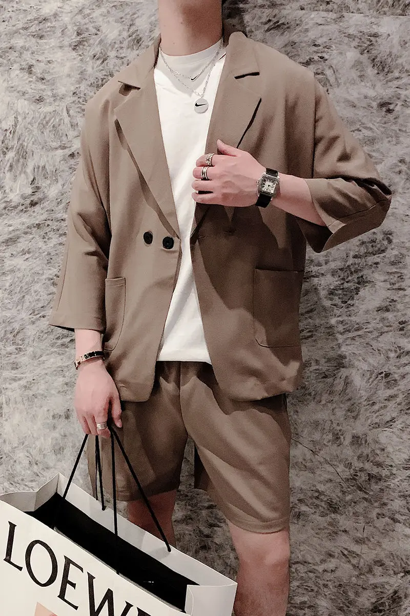 

2020 Spring And Summer New Youth Popular Men's Solid Color Double-breasted Suit Loose Straight Tube Five-point Trousers Suit