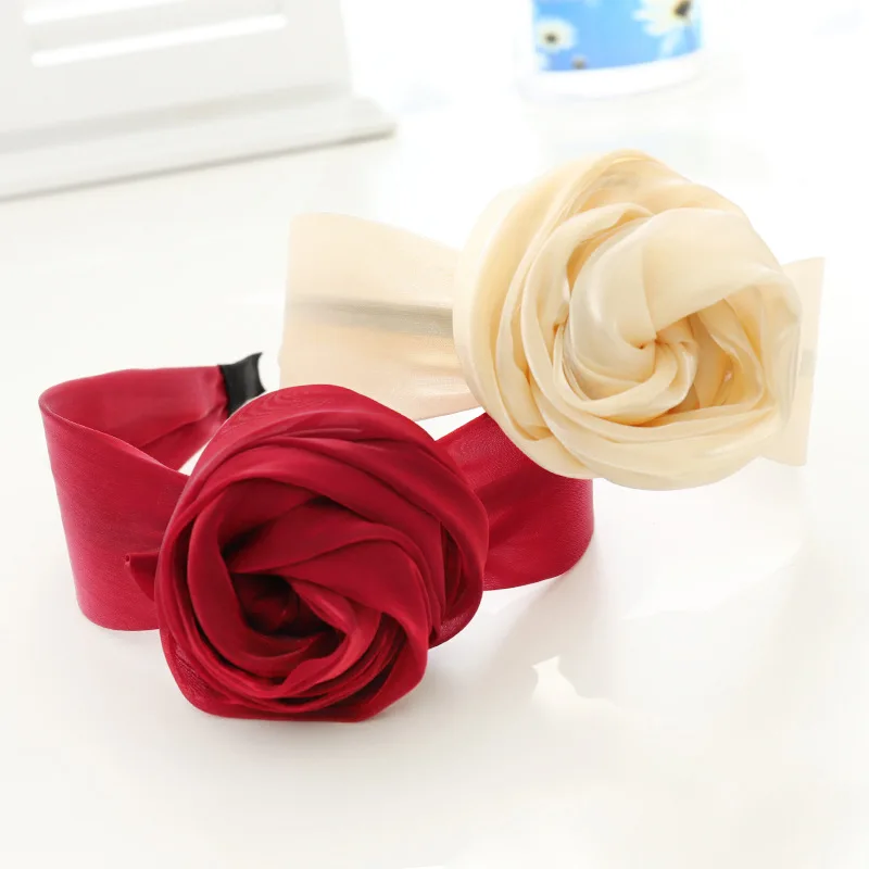 

Fashion Women Gauze Headdress Bright Silk Rose Flower Hair Bands Solid Color Bezel Headwear Wide Headband Hair Accessories