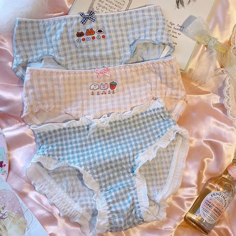 

Винтажные хлопковые кружевные трусы с вышивкой, Привлекательные трусики с низкой посадкой, клетчатое нижнее белье с принтом вишни, ленточн...