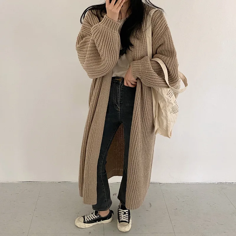

2021 Autumn/Winter Fashion New Korean Loose Knit Sweater Lantern Sleeve Long Sweater Cardigan Jacket Women