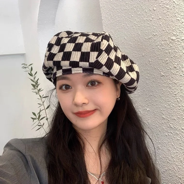 

Japanese Minority Chessboard Lattice Beret Female Summer New Fashion Retro Cloud Hat Spring And Autumn Style Large Head Circumfe