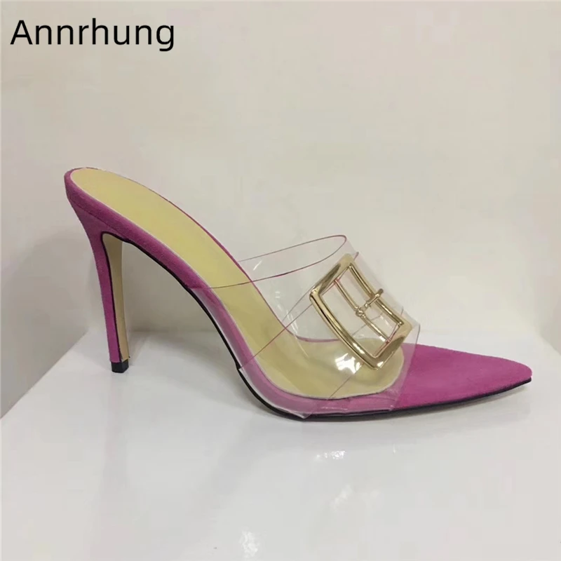 

Женские модельные туфли без задника, прозрачные Шлепанцы из ПВХ, с ремешком и пряжкой, на шпильке 10 см, заостренный носок, высокий каблук-шпи...